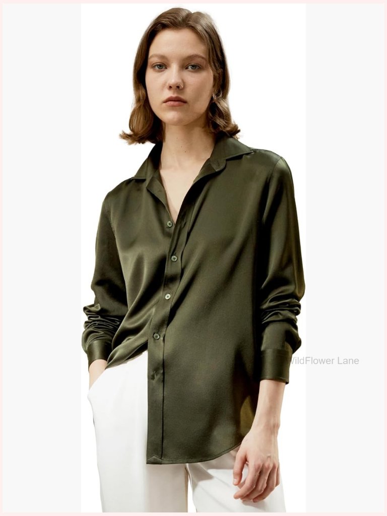 Silk Button-Down Shirt Classic Long Sleeve Blouse